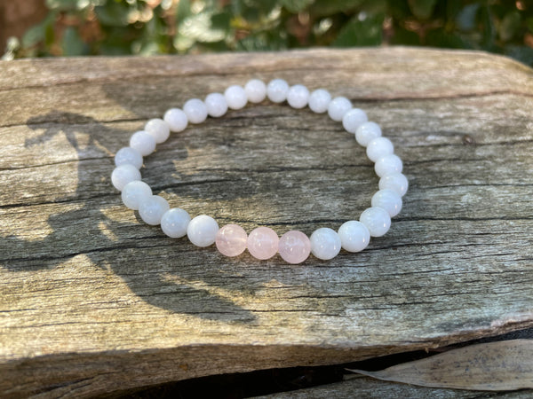 Bracelet élastique de lithothérapie en Pierre de Lune naturelle et Quartz Rose