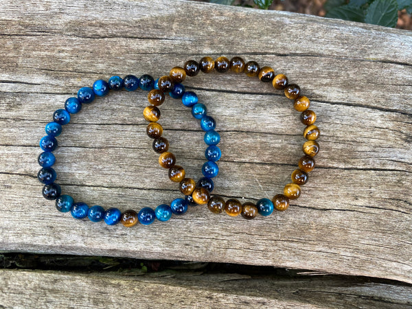Bracelets élastiques de distance, de couple en Oeil de Tigre bleu Turquoise et marron