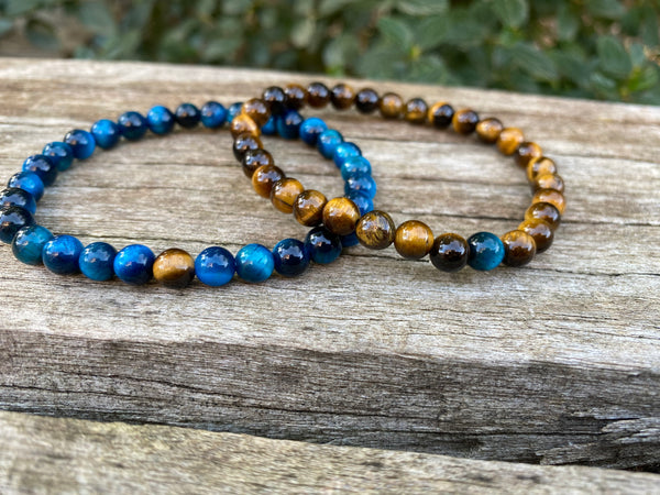 Bracelets élastiques de distance, de couple en Oeil de Tigre bleu Turquoise et marron