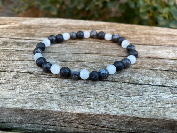 Bracelet élastique de Lithothérapie "Triple Protection" Labradorite, Pierre de lave et Pierre de lune