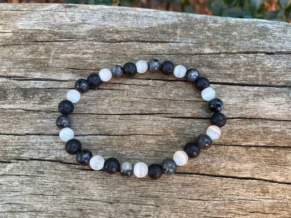Bracelet élastique de Lithothérapie "Triple Protection" Labradorite, Pierre de lave et Pierre de lune