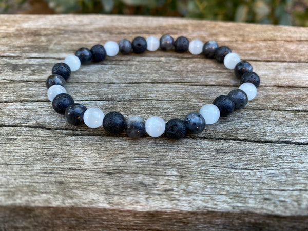 Bracelet élastique de Lithothérapie "Triple Protection" Labradorite, Pierre de lave et Pierre de lune