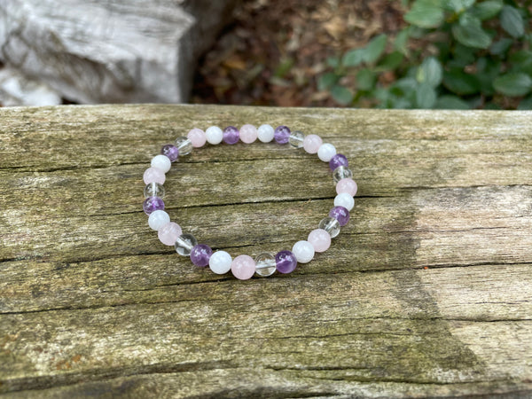 Bracelet élastique de Lithothérapie Multipierres Pierre de Lune, Quartz Rose, Cristal de Roche et Améthyste