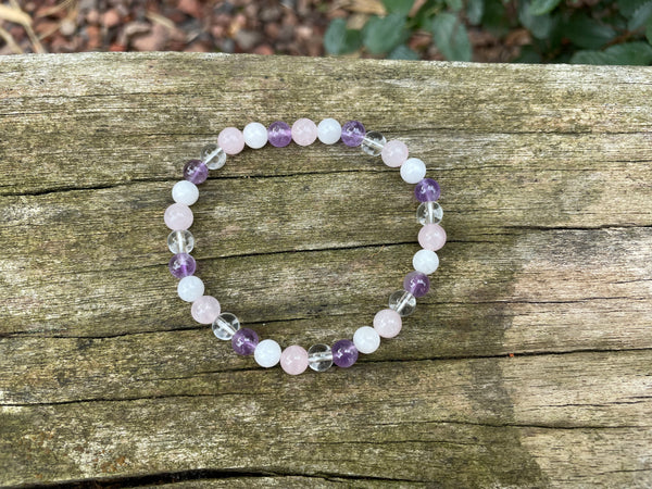 Bracelet élastique de Lithothérapie Multipierres Pierre de Lune, Quartz Rose, Cristal de Roche et Améthyste