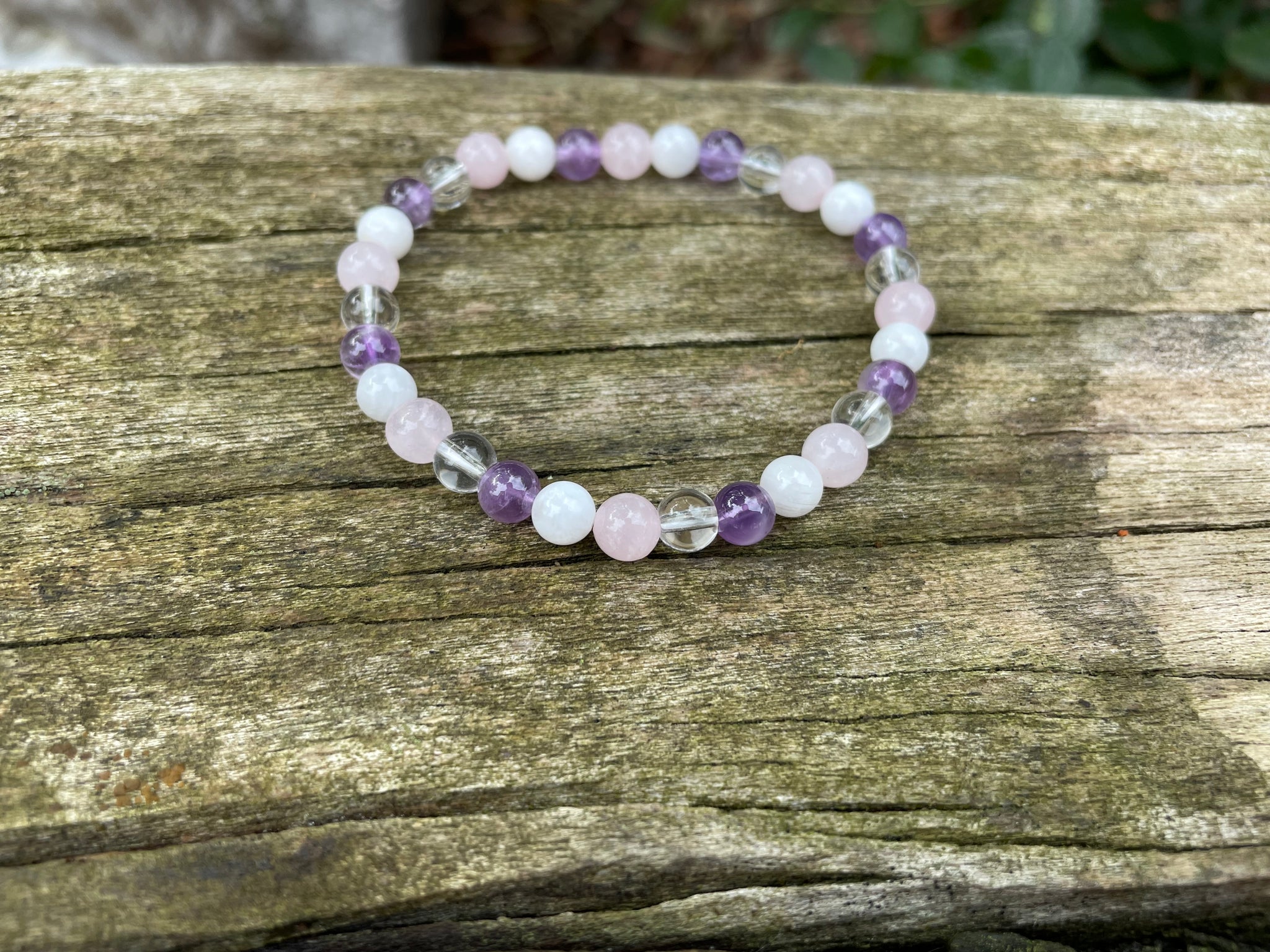 Bracelet élastique de Lithothérapie Multipierres Pierre de Lune, Quartz Rose, Cristal de Roche et Améthyste