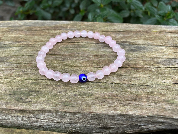 Bracelet élastique de Lithothérapie en Quartz Rose et Oeil Turc Nazar Boncuk