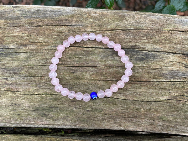 Bracelet élastique de Lithothérapie en Quartz Rose et Oeil Turc Nazar Boncuk