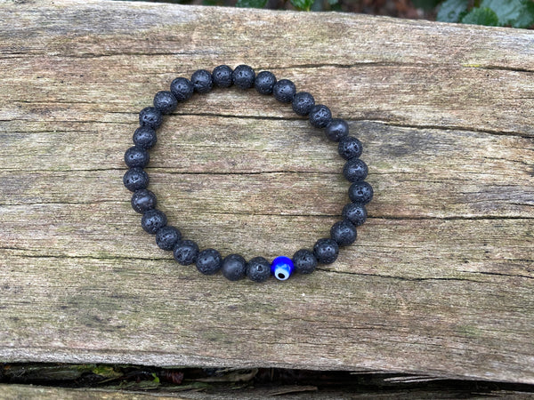 Bracelet élastique de Lithothérapie en pierre de lave naturelle et Oeil Turc Nazar Boncuk