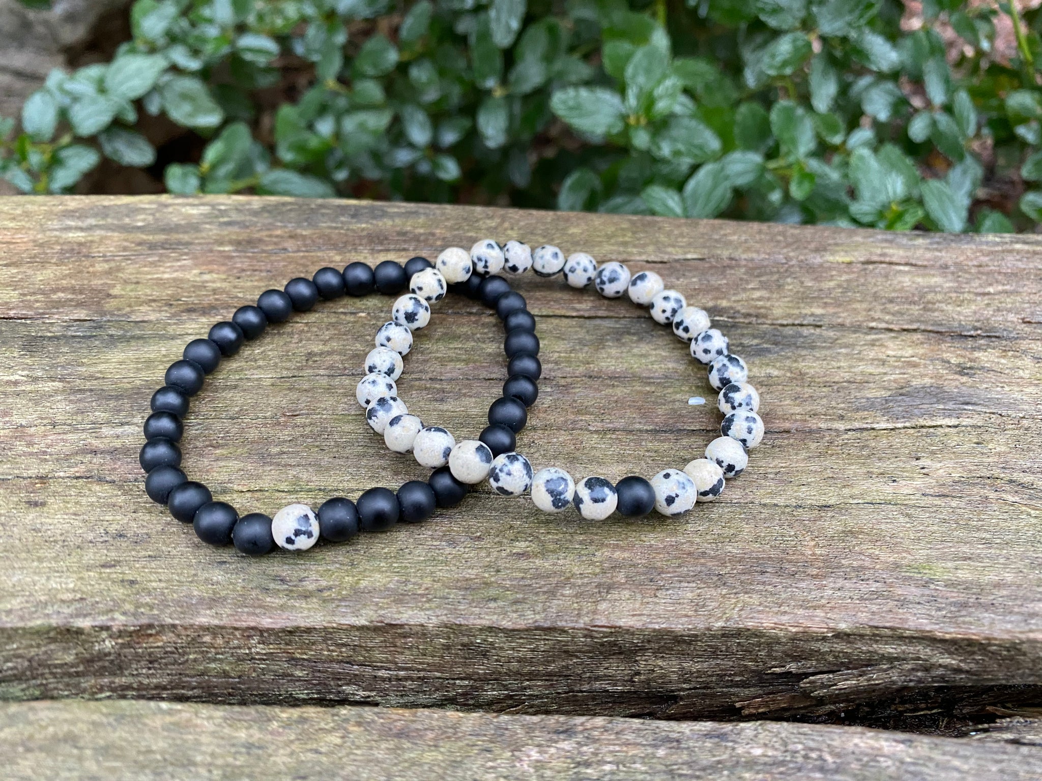 Bracelets élastiques de distance, de couple en Agate noire et Jaspe Dalmatien