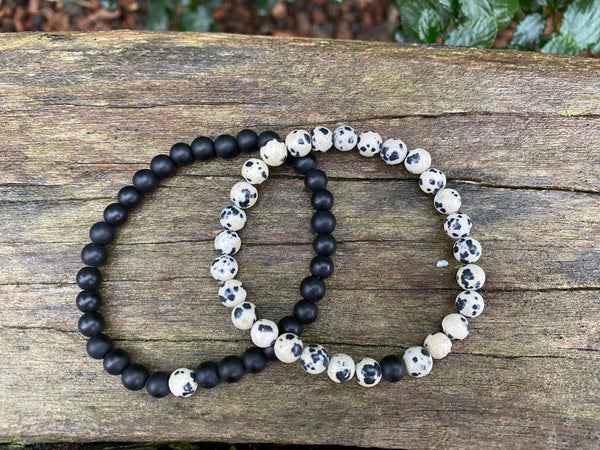 Bracelets élastiques de distance, de couple en Agate noire et Jaspe Dalmatien