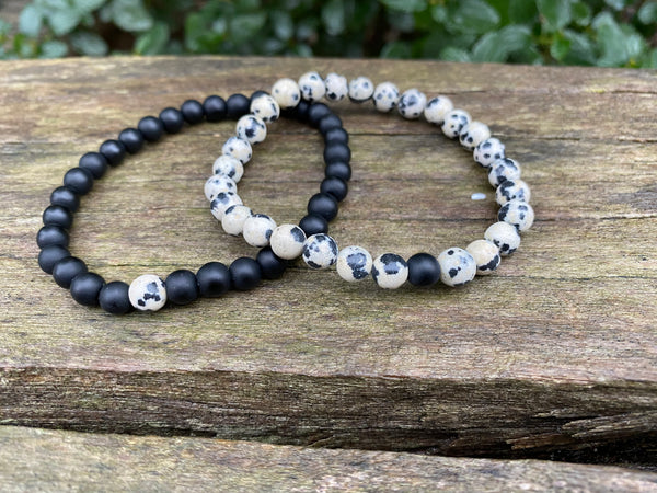 Bracelets élastiques de distance, de couple en Agate noire et Jaspe Dalmatien