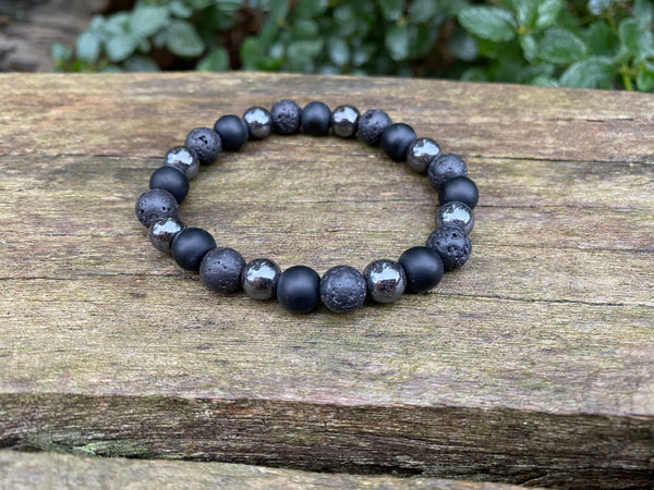 Bracelet élastique de Lithothérapie "Triple Protection" Pierre de lave, Hématite et Onyx noire