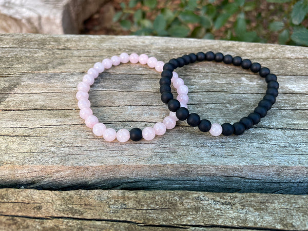 Bracelets élastiques de distance, de couple en Agate mate et Quartz rose