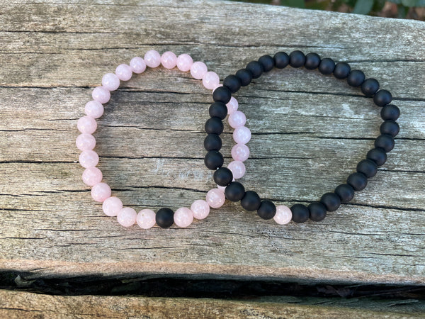 Bracelets élastiques de distance, de couple en Agate mate et Quartz rose