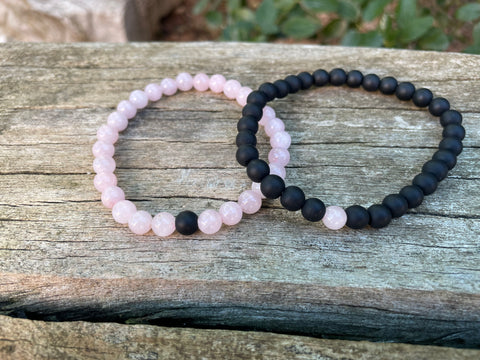 Bracelets élastiques de distance, de couple en Agate mate et Quartz rose