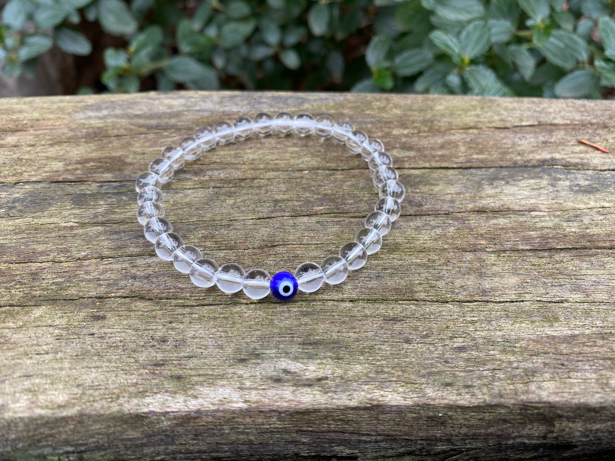 Bracelet élastique de Lithothérapie en Cristal de Roche et Oeil Turc Nazar Boncuk