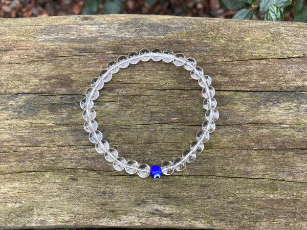 Bracelet élastique de Lithothérapie en Cristal de Roche et Oeil Turc Nazar Boncuk