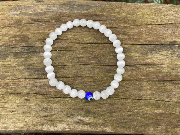 Bracelet élastique de Lithothérapie en Sélénite et Oeil Turc Nazar Boncuk