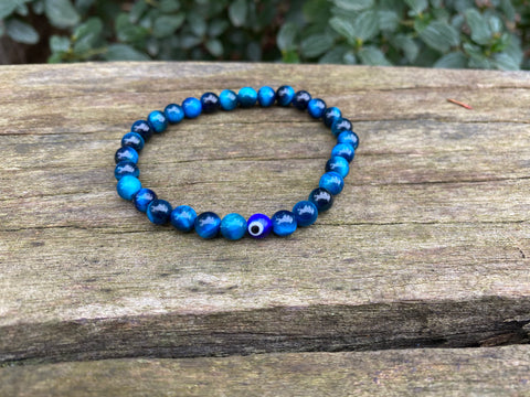 Bracelet élastique de Lithothérapie en Oeil de Tigre bleu Turquoise et Oeil Turc Nazar Boncuk
