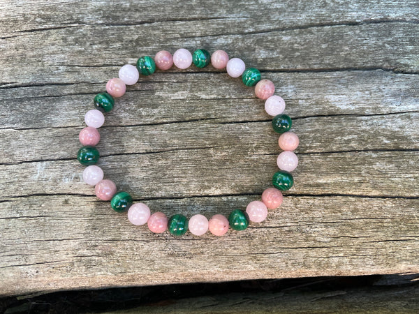 Bracelet de lithothérapie en Malachite, Quartz Rose et Rhodochrosite