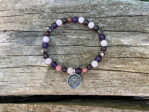 Bracelet élastique de Lithothérapie "Quatre protections" Quartz Rose, Grenat, Rhodonite Améthyste