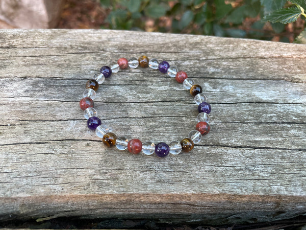 Bracelet élastique de Lithothérapie, de protection Oeil de tigre, Jaspe Rouge, Améthyste et Cristal de roche