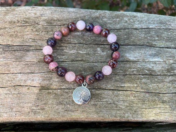 Bracelet élastique de Lithothérapie "Quatre protections" Quartz Rose, Grenat, Rhodonite Améthyste