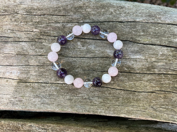 Bracelet élastique de Lithothérapie Multipierres Pierre de Lune, Quartz Rose, Cristal de Roche et Améthyste