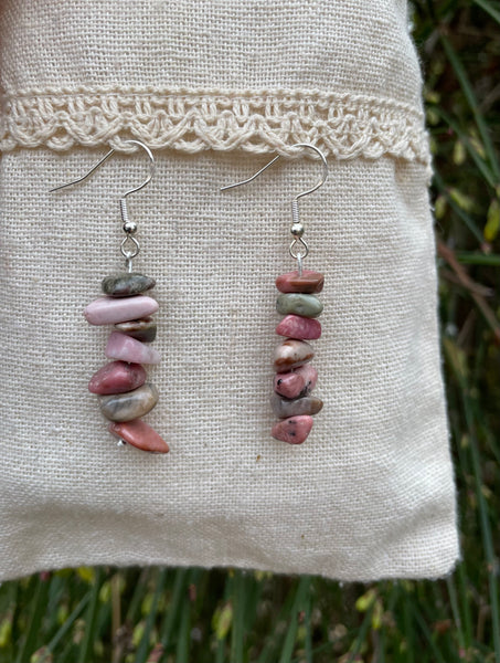 Boucles d'oreilles pendantes en Rhodonite, perles chips