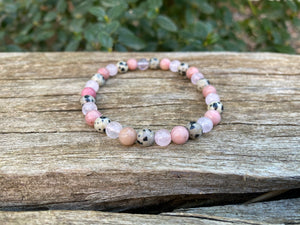 Bracelet élastique Triple protection de Lithothérapie  Quartz Rose, Jaspe Dalmatien et rhodochrosite