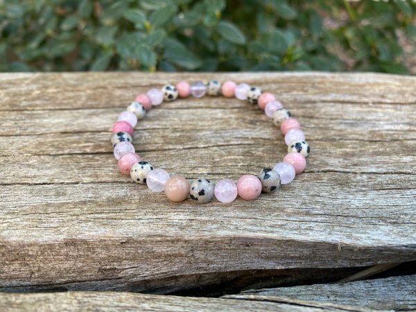 Bracelet élastique Triple protection de Lithothérapie  Quartz Rose, Jaspe Dalmatien et rhodochrosite