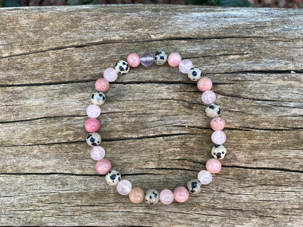 Bracelet élastique Triple protection de Lithothérapie  Quartz Rose, Jaspe Dalmatien et rhodochrosite