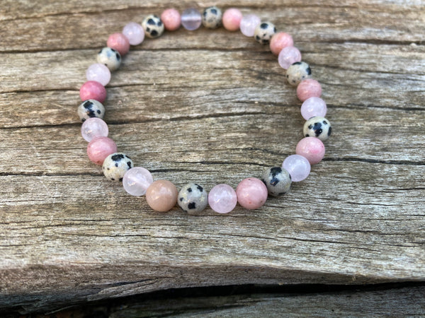 Bracelet élastique Triple protection de Lithothérapie  Quartz Rose, Jaspe Dalmatien et rhodochrosite