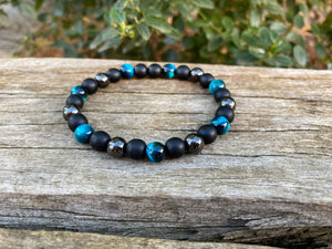 Bracelet élastique de Lithothérapie "Triple Protection" Oeil de Tigre turquoise, Hématite et Onyx noire