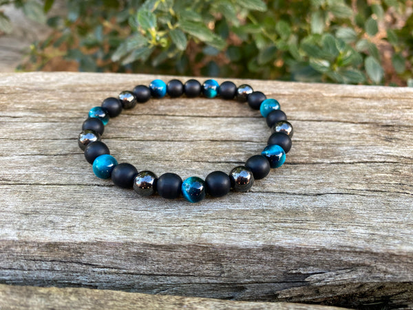 Bracelet élastique de Lithothérapie "Triple Protection" Oeil de Tigre turquoise, Hématite et Onyx noire