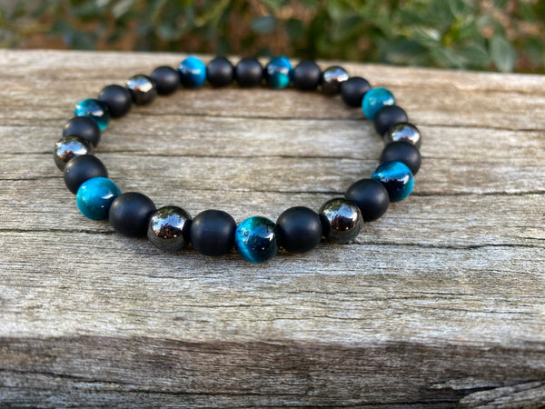 Bracelet élastique de Lithothérapie "Triple Protection" Oeil de Tigre turquoise, Hématite et Onyx noire
