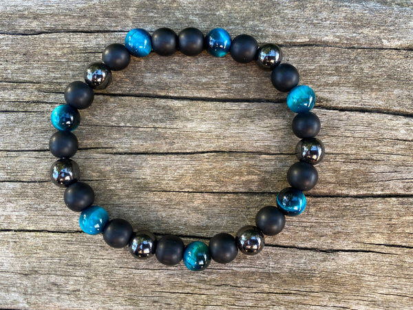Bracelet élastique de Lithothérapie "Triple Protection" Oeil de Tigre turquoise, Hématite et Onyx noire