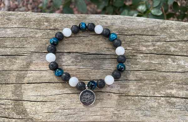 Bracelet élastique de Lithothérapie "Triple Protection" Oeil de tigre turquoise, Pierre de lave et Pierre de Lune
