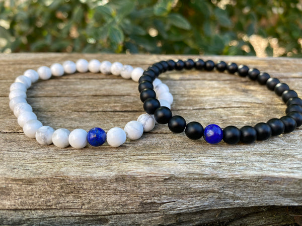 Bracelets élastiques de distance, de couple en Agate noire, Howlite blanche et Lapis Lazuli