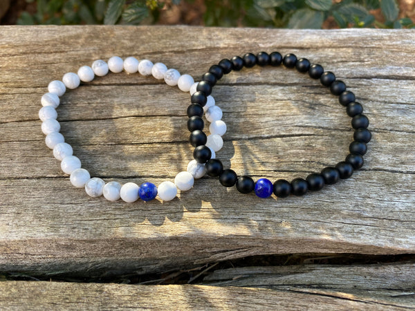Bracelets élastiques de distance, de couple en Agate noire, Howlite blanche et Lapis Lazuli