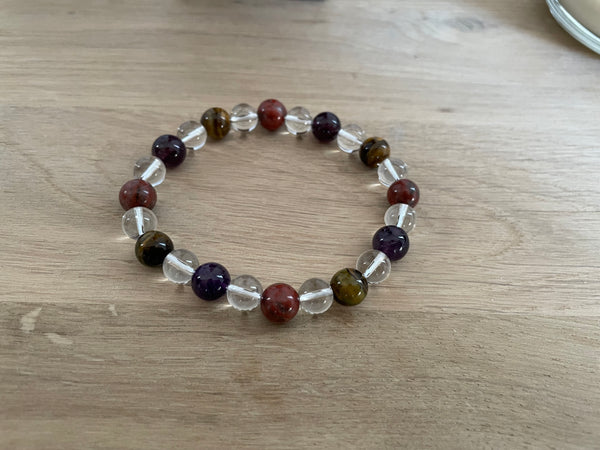 Bracelet élastique de Lithothérapie, de protection Oeil de tigre, Jaspe Rouge, Améthyste et Cristal de roche