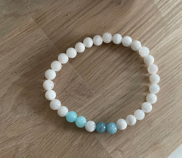 Bracelet élastique de lithothérapie en Pierre de Lune naturelle, Amazonite et Aigue Marine