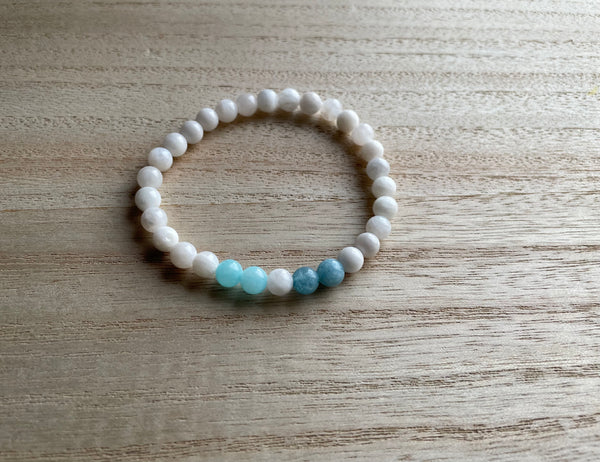 Bracelet élastique de lithothérapie en Pierre de Lune naturelle, Amazonite et Aigue Marine