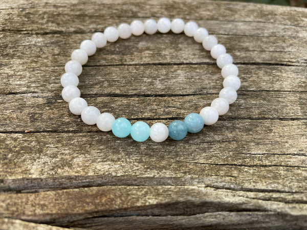 Bracelet élastique de lithothérapie en Pierre de Lune naturelle, Amazonite et Aigue Marine
