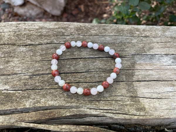 Bracelet élastique de Lithothérapie, de protection Jaspe Rouge, Pierre de Lune et Quartz Rose