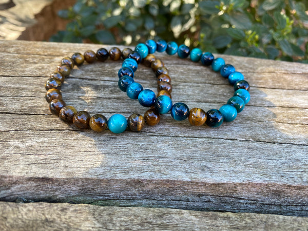 Bracelets élastiques de distance, de couple en Oeil de Tigre bleu Turquoise et marron