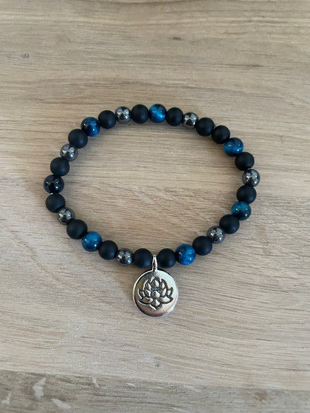 Bracelet élastique de Lithothérapie "Triple Protection" Oeil de Tigre turquoise, Hématite et Onyx noire