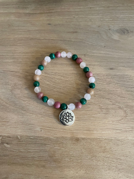 Bracelet de lithothérapie en Malachite, Quartz Rose et Rhodochrosite