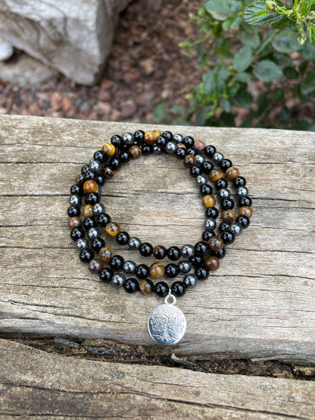 Bracelet Mala 108 perles "Triple Protection" Oeil de Tigre, Hématite et Onyx noire