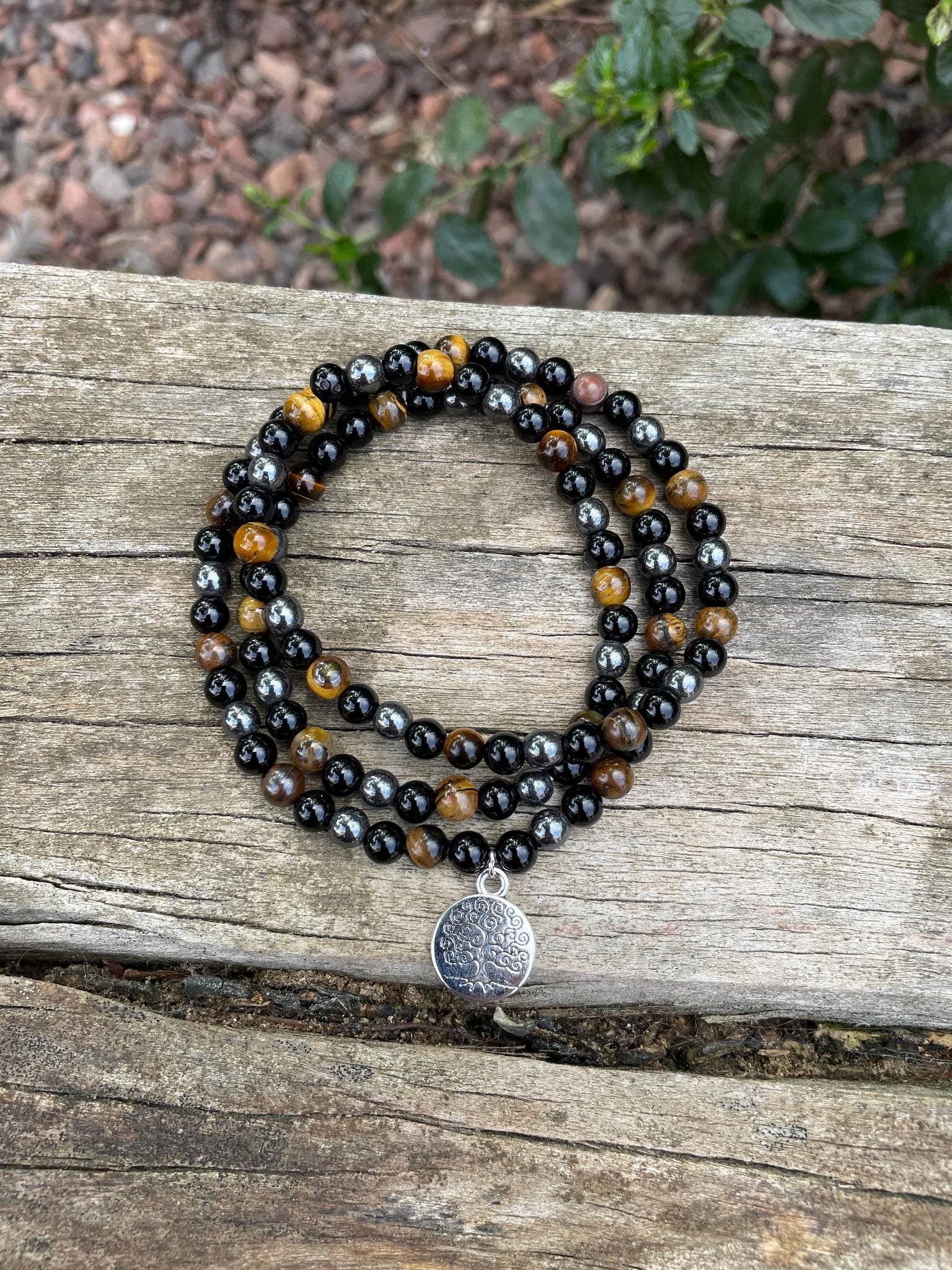 Bracelet Mala 108 perles "Triple Protection" Oeil de Tigre, Hématite et Onyx noire
